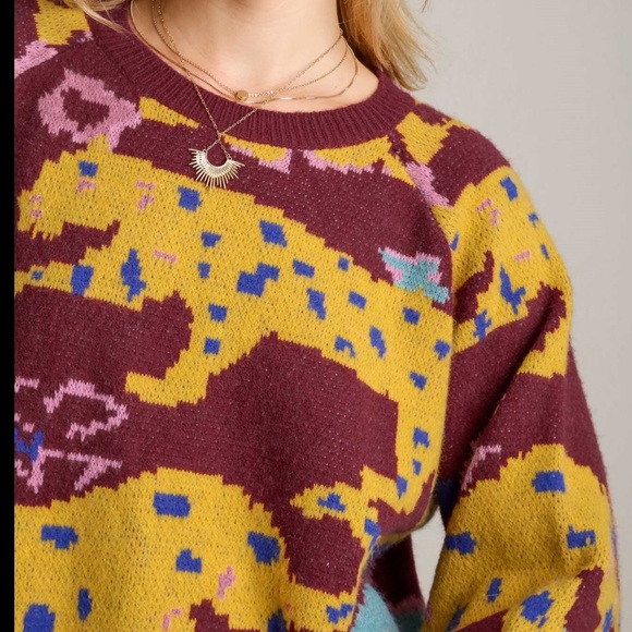 Umgee Women's Burgundy and Yellow Animal Print Sweater - Picture 2 of 5